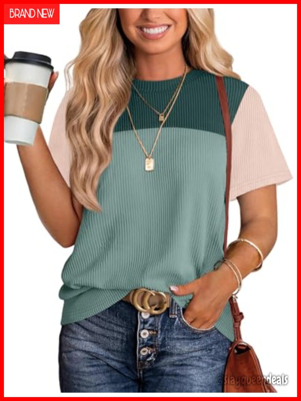 Womens Color Block Short Sleeve Knit Top Casual Trendy